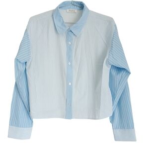JOLIE & JOY Pinstripe Cropped Long Sleeve Shirt In Light Blue Sz Large